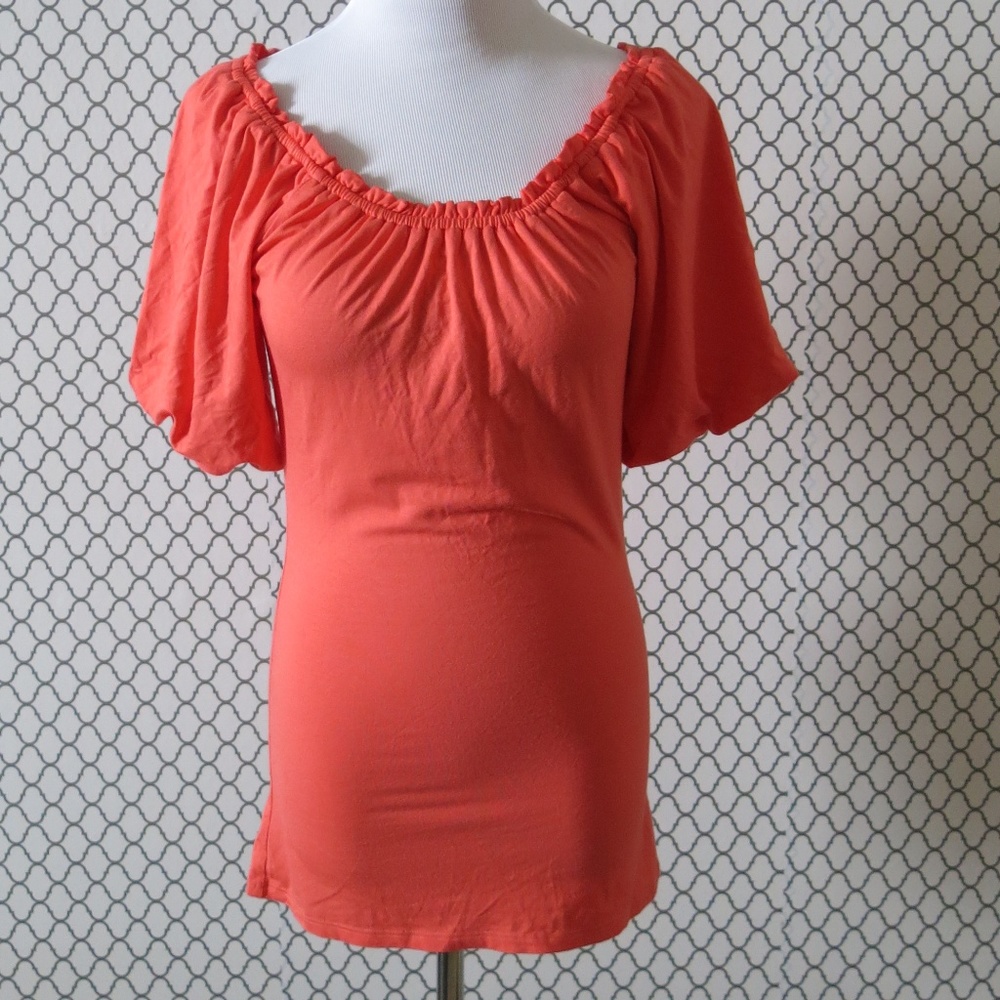 Marciano Puff Short Sleeve Scoop Neck Orange Top Blouse - Size Medium